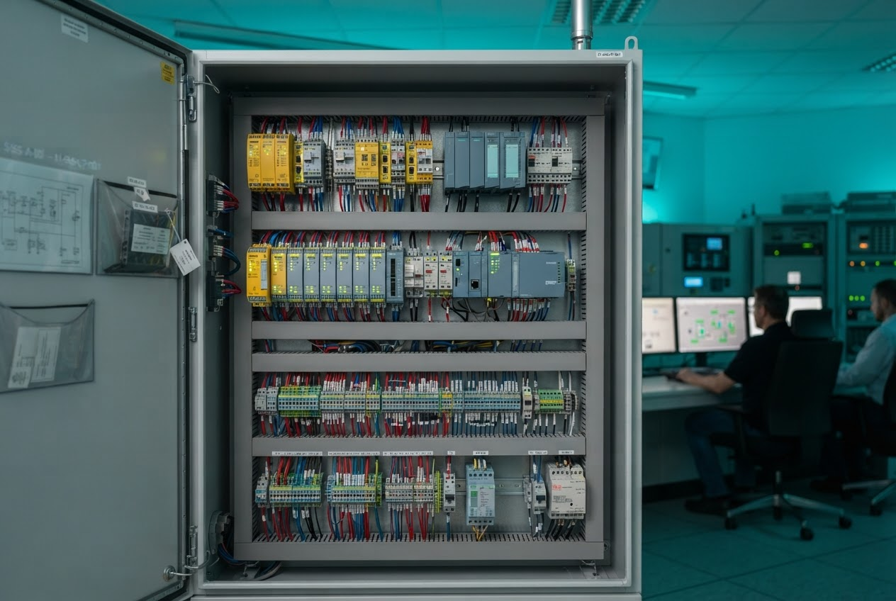 Industrial control cabinet with wiring and safety components