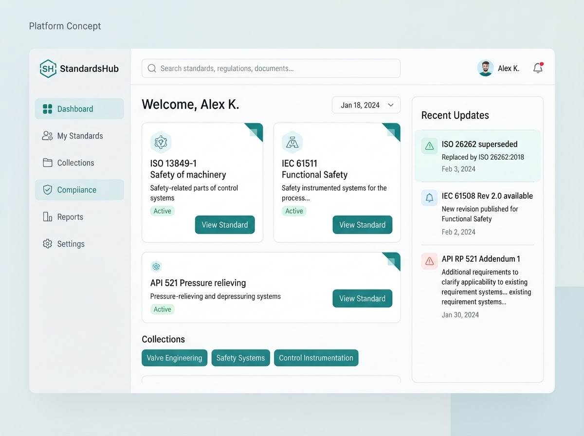 Illustrative standards management dashboard